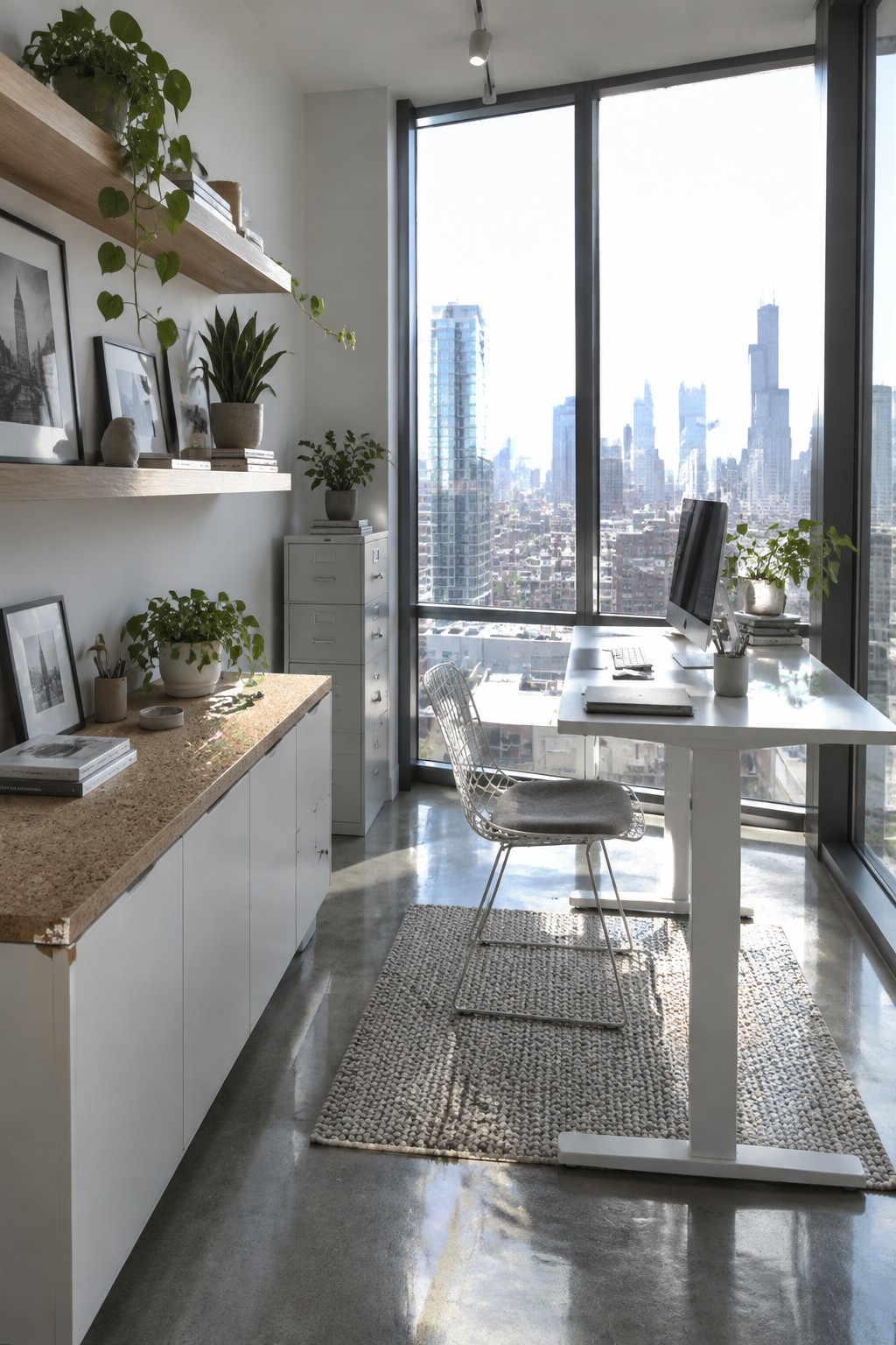A modern home office with a white desk and wire chair positioned in front of large windows overlooking a city skyline, with floating shelves, plants, and a filing cabinet along the wall.