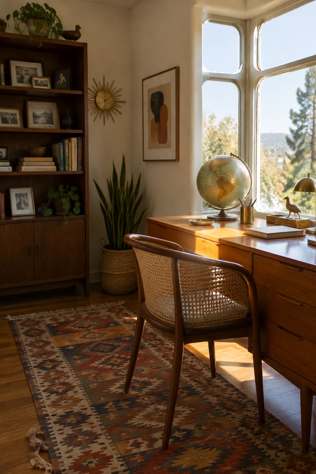 A wooden desk with a globe sits in front of large windows in a home office, with a woven cane chair pulled up to it and a patterned rug on the floor.
