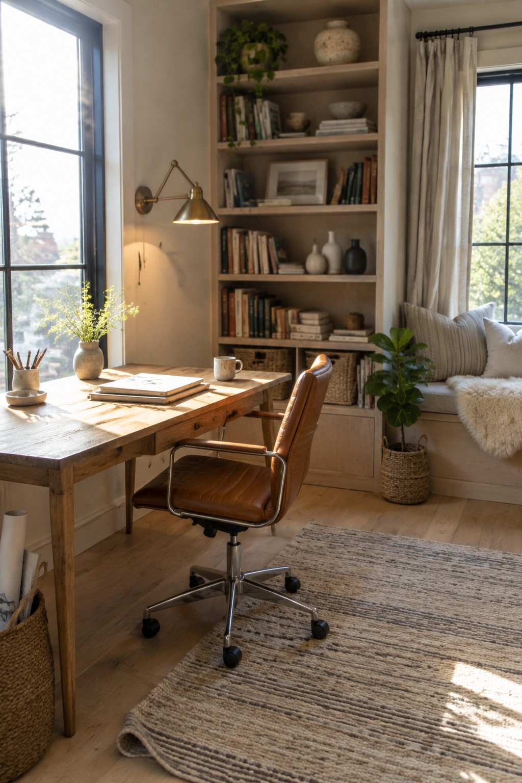 A wooden desk with a brown leather swivel chair is positioned in front of a large window, next to built-in bookshelves filled with books, vases, and plants.