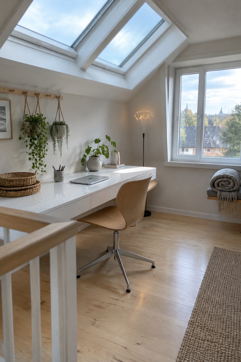 A white desk with a laptop and potted plants sits beneath three large skylights in an attic room, with a wooden office chair and a large side window visible.