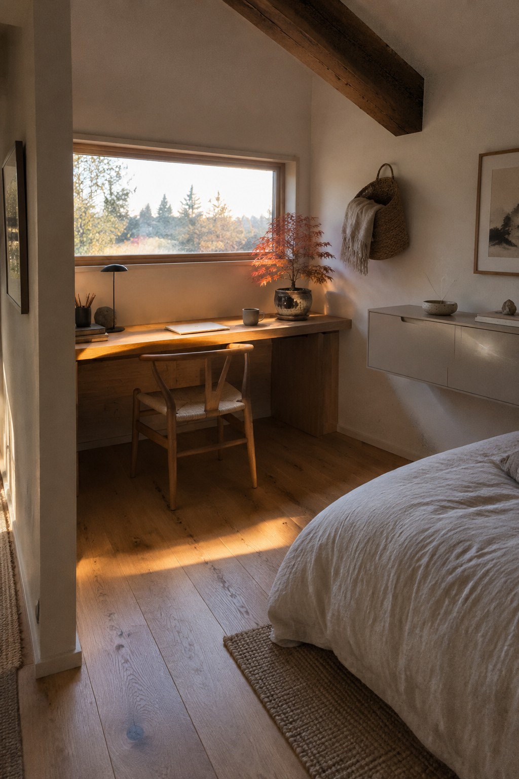 A minimalist bedroom with a natural wood desk under a window, a wooden chair with woven seat, and a bed with white bedding visible on the right.