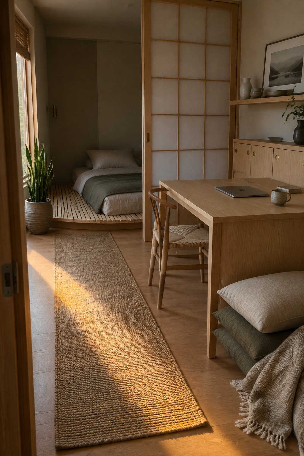 A minimalist interior with a light wood desk holding a laptop and cup, a low platform bed visible through an open shoji screen, and a woven rug on the floor.