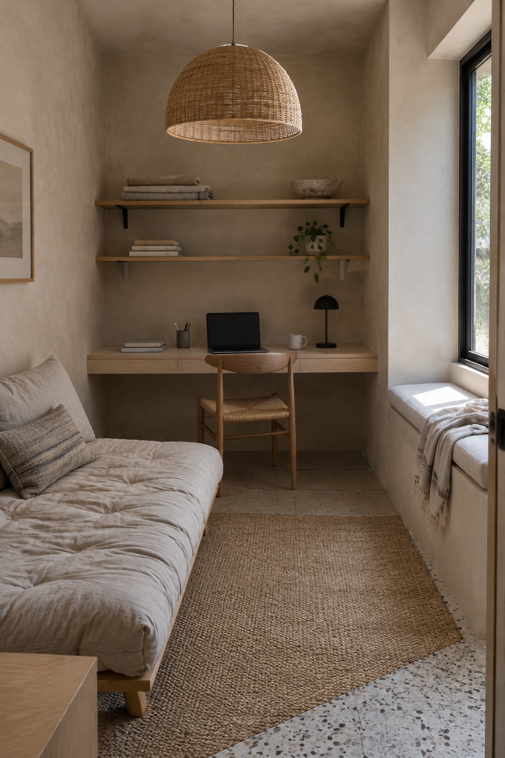 A small minimalist room with a floating light wood desk, wooden chair, bed with beige linen, open shelves, woven pendant light, and a window seat.