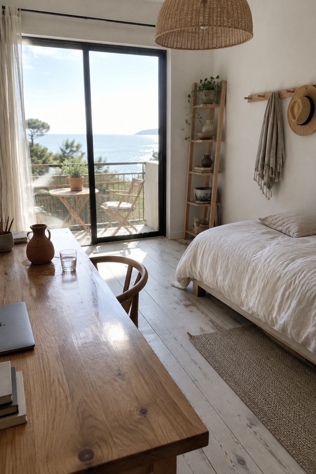 A minimalist bedroom with a long natural wood desk in the foreground, a wooden chair, a bed with white linens, wooden shelving, and large glass doors opening to a sea view balcony.
