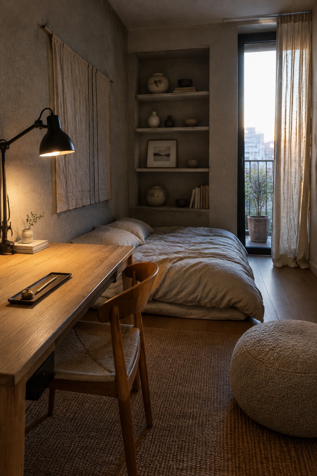 Minimalist room with wooden desk, woven chair, low bed, shelves, and sunlit window.