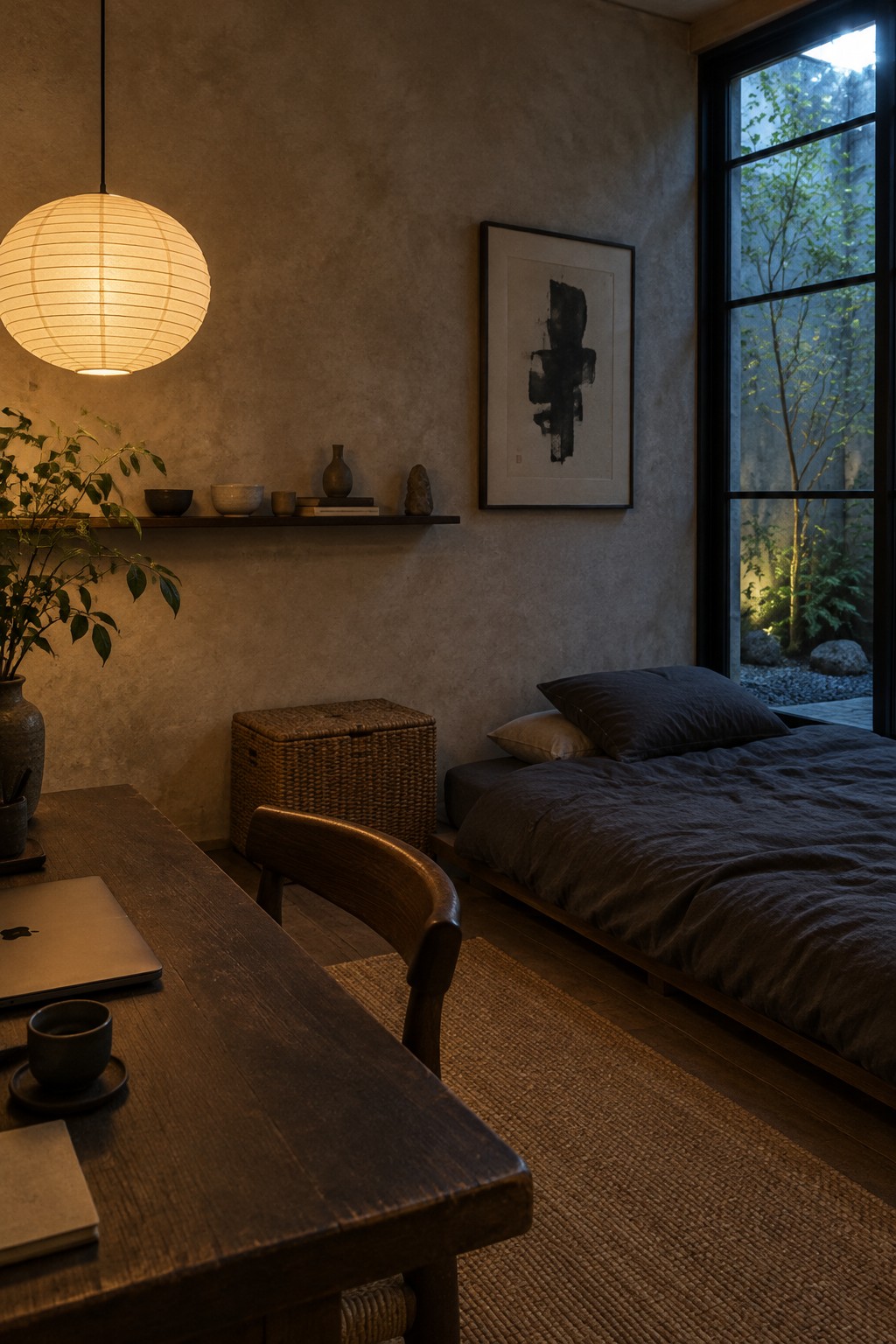 A minimalist bedroom interior featuring a dark wood desk with a laptop and ceramic cup, a wooden chair, a low bed with dark linens, a woven rug, a hanging paper lantern, and a large window showing a garden view.