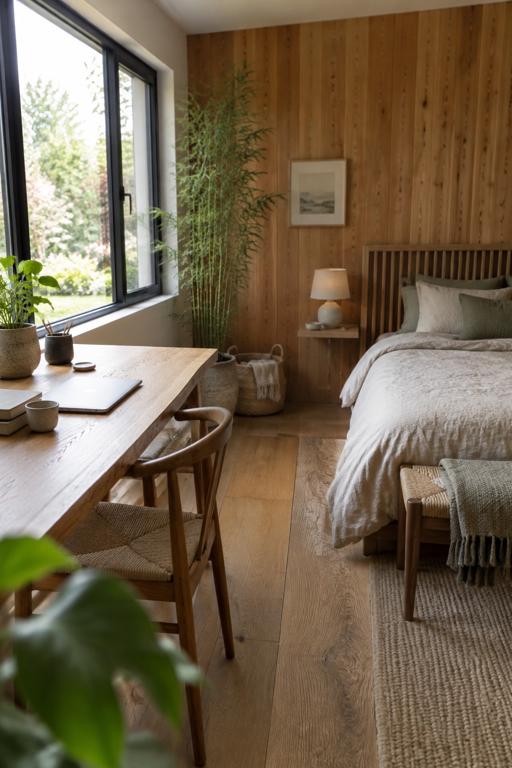 A light wood desk with a laptop and small potted plants sits by a large window next to a bed with neutral bedding and a wooden headboard in a minimalist bedroom.