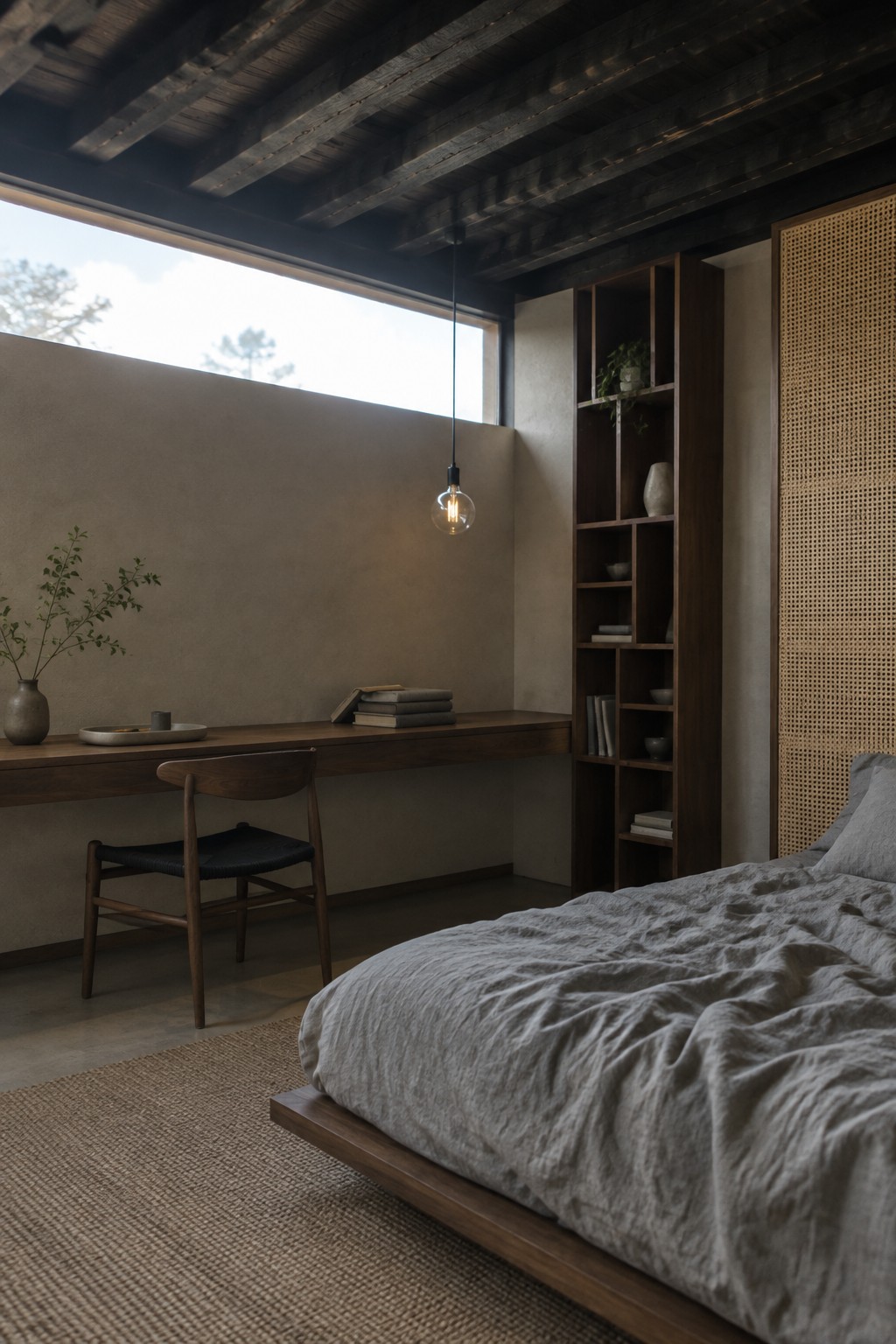 A minimalist bedroom interior with a wooden desk and chair under a large window, a tall wooden shelving unit, and a bed with gray linen bedding.