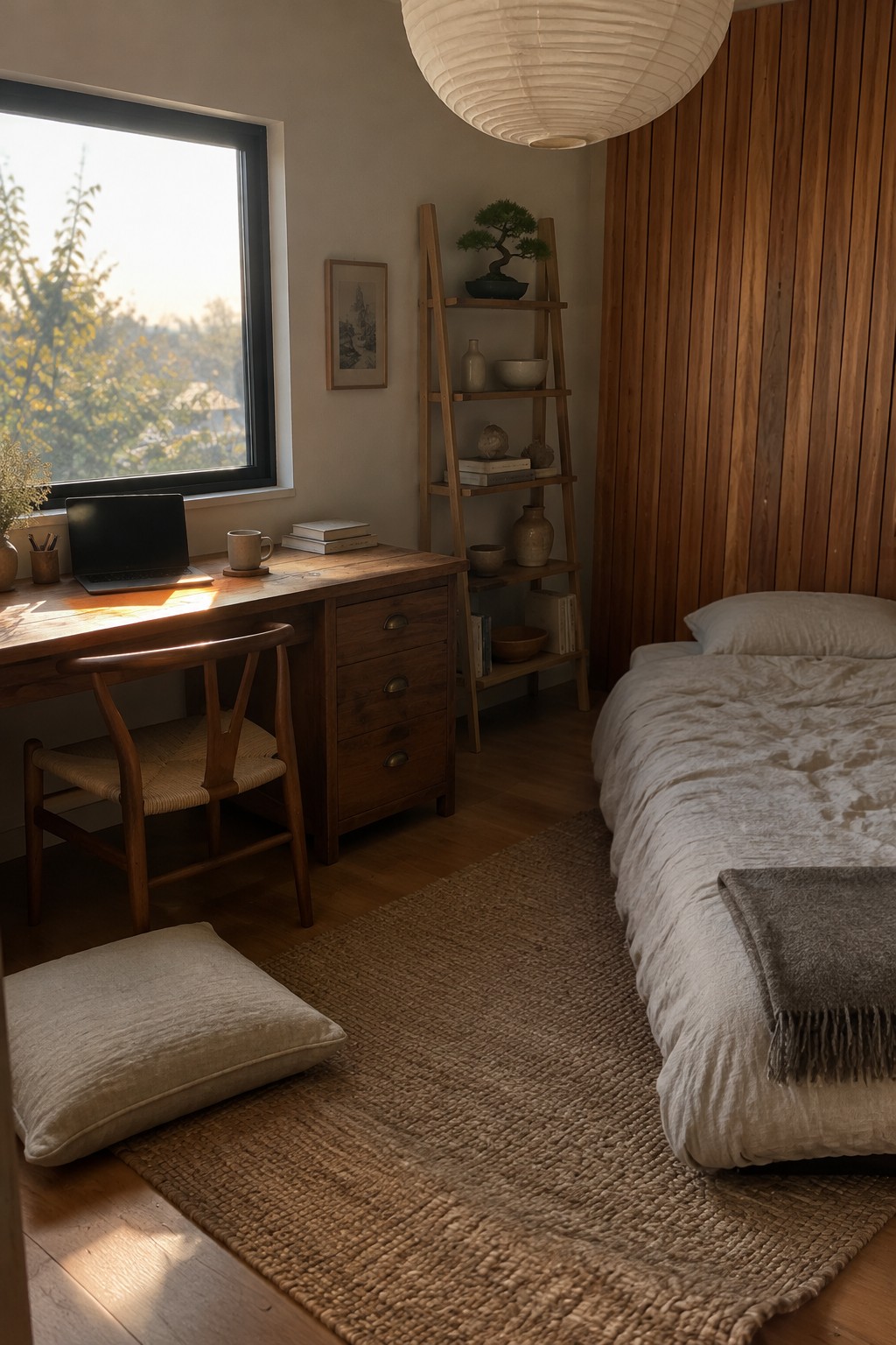 A minimalist bedroom with a natural wood desk and chair under a large window, a bed with neutral bedding on the right, and a wooden ladder shelf against the wall.