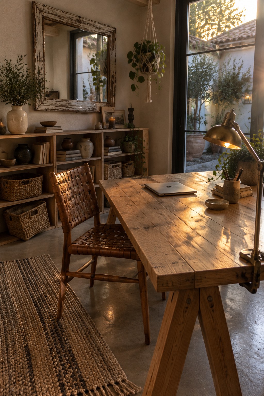 Sunlit rustic wooden desk with woven chair, pottery shelves, mirror and plants