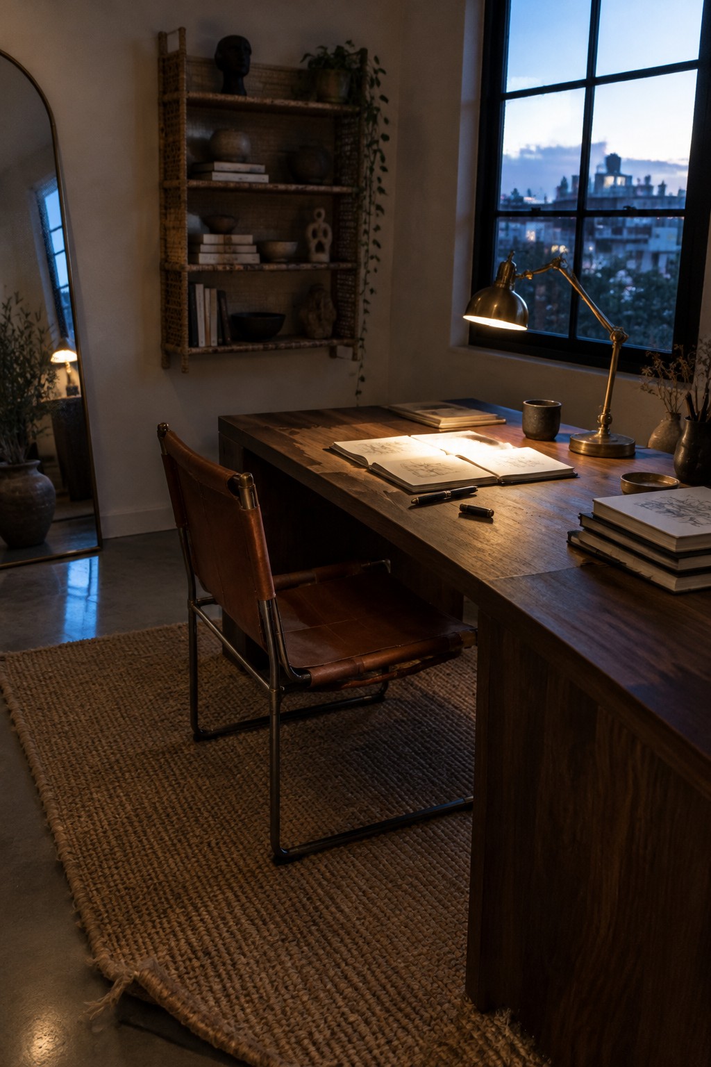 A home office with a large wooden desk holding an open notebook under a lit brass lamp, a brown leather chair on a woven rug, and woven wall shelves beside a large window.