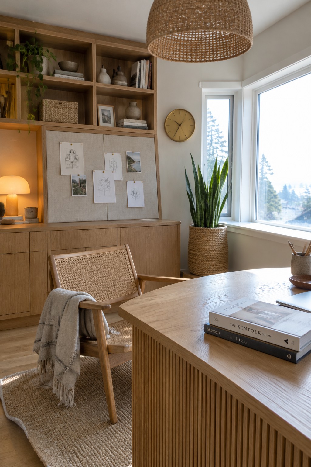 A light wood home office desk with vertical fluting on the front, positioned near a cane chair, built-in shelving with a fabric pinboard, and a large window.