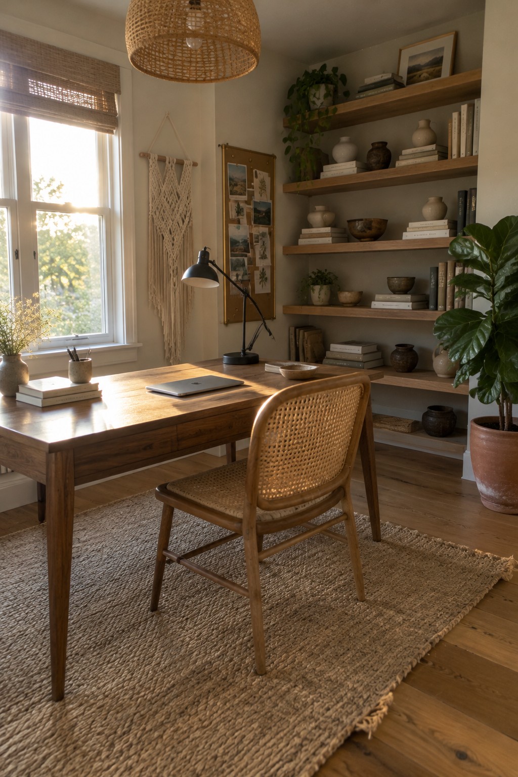 A home office with a wooden desk, cane-back chair on a woven rug, floating wooden shelves, and a window with woven shade.