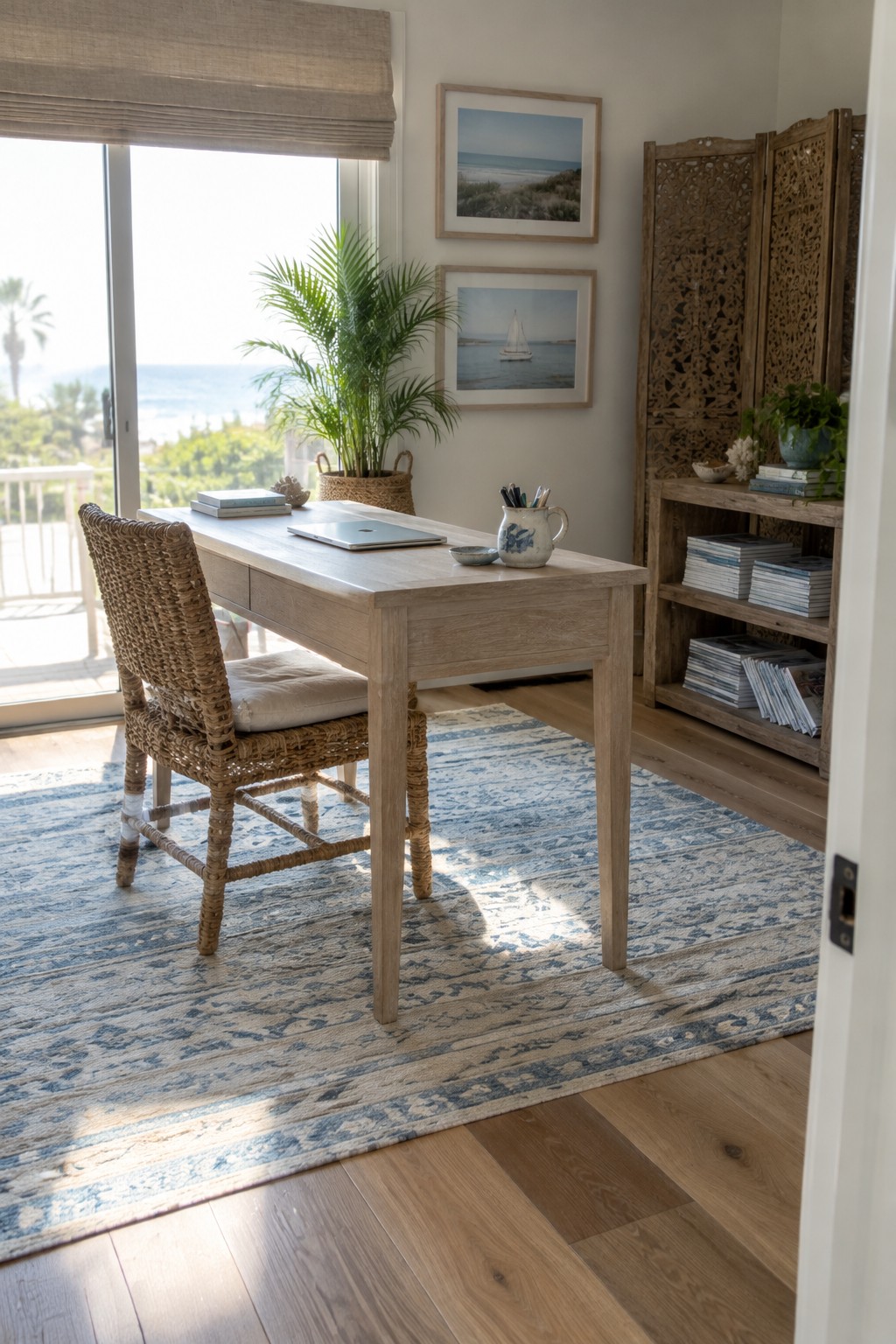 Coastal home office with wooden desk, wicker chair, blue rug, and ocean view