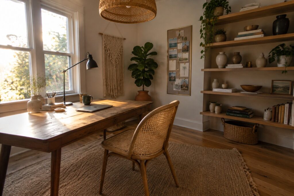 A home office with a wooden desk, cane-back chair on a woven rug, floating wooden shelves, and a window with woven shade.