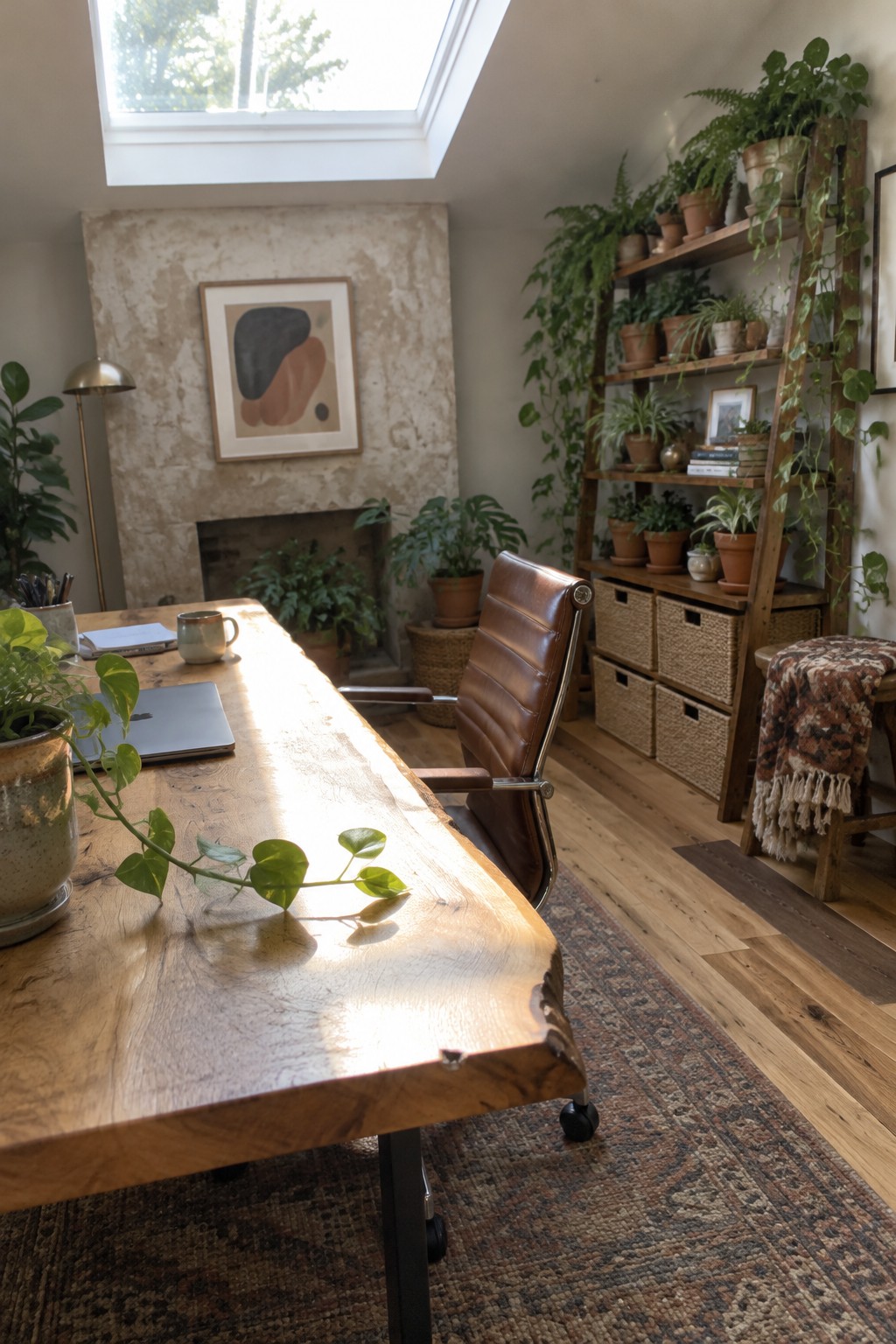 A home office with a large live-edge wooden desk, brown leather chair on wheels, and a tall wooden ladder shelf filled with potted plants under a skylight.