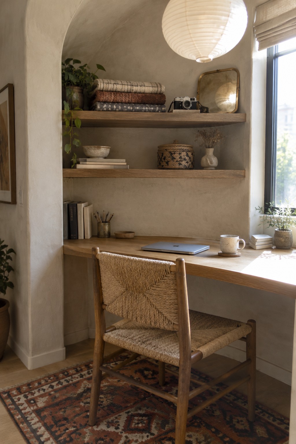 A wooden desk with a woven chair sits in an arched alcove beneath two floating shelves holding books, a camera, and decorative objects, with a paper lantern overhead.