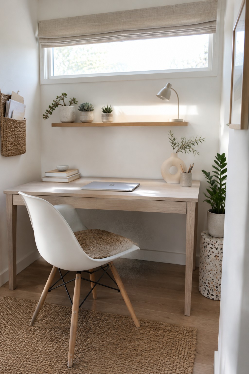 A compact home office with a light wood desk positioned under a window, a white molded chair with woven seat, a floating shelf with potted plants, and a woven rug on the floor.