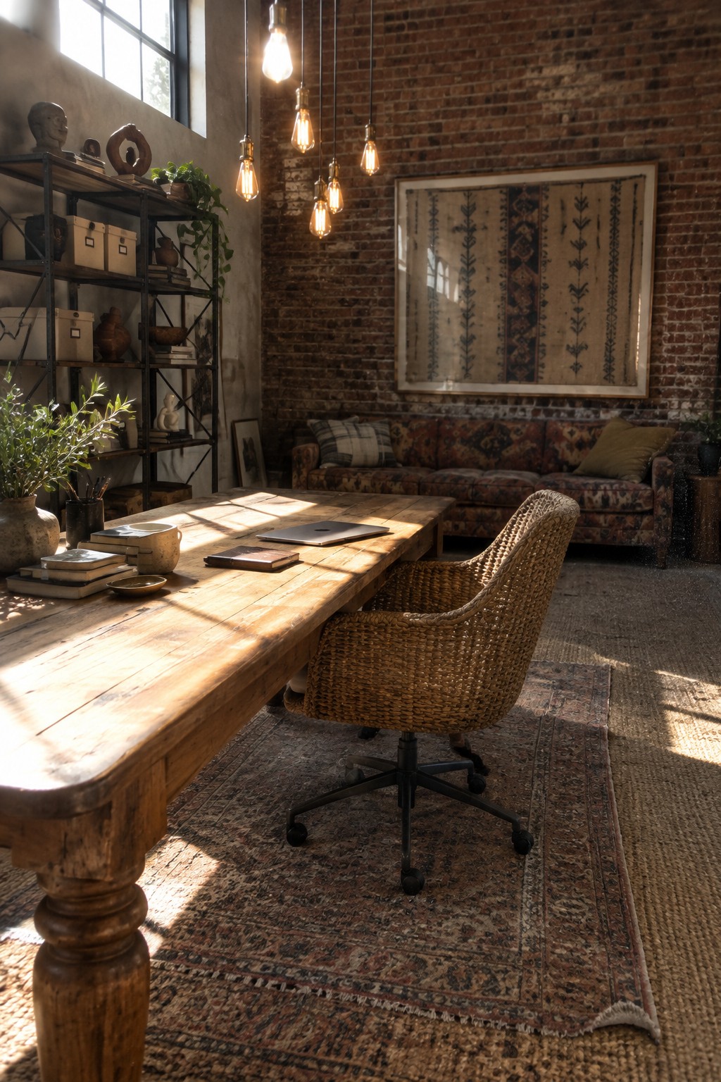 Sunlit rustic office with wooden desk, woven chair, brick walls, and hanging bulbs