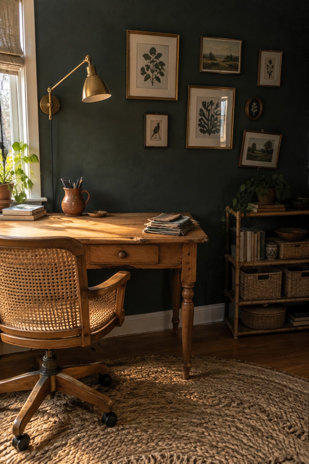 Vintage wooden desk with brass lamp, cane chair, and art-filled dark green wall