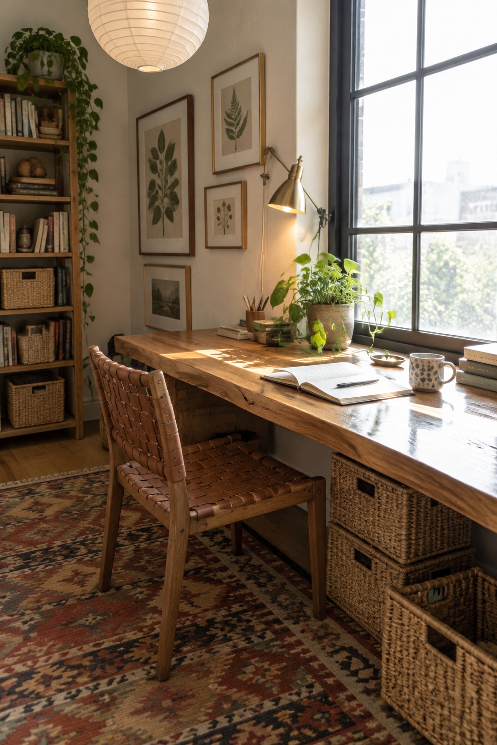 Wooden desk with open notebook, woven leather chair on patterned rug by window