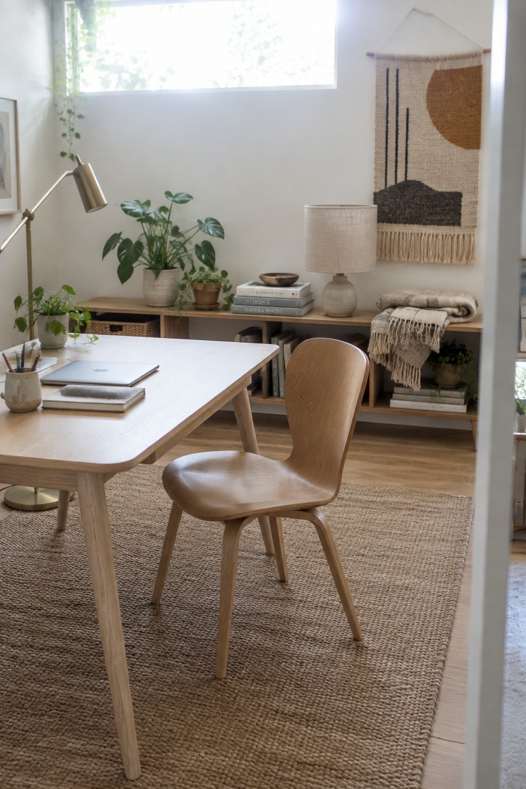 A light wood desk and matching wooden chair sit on a jute rug in front of a low wooden shelf unit holding books, a lamp, and potted plants.