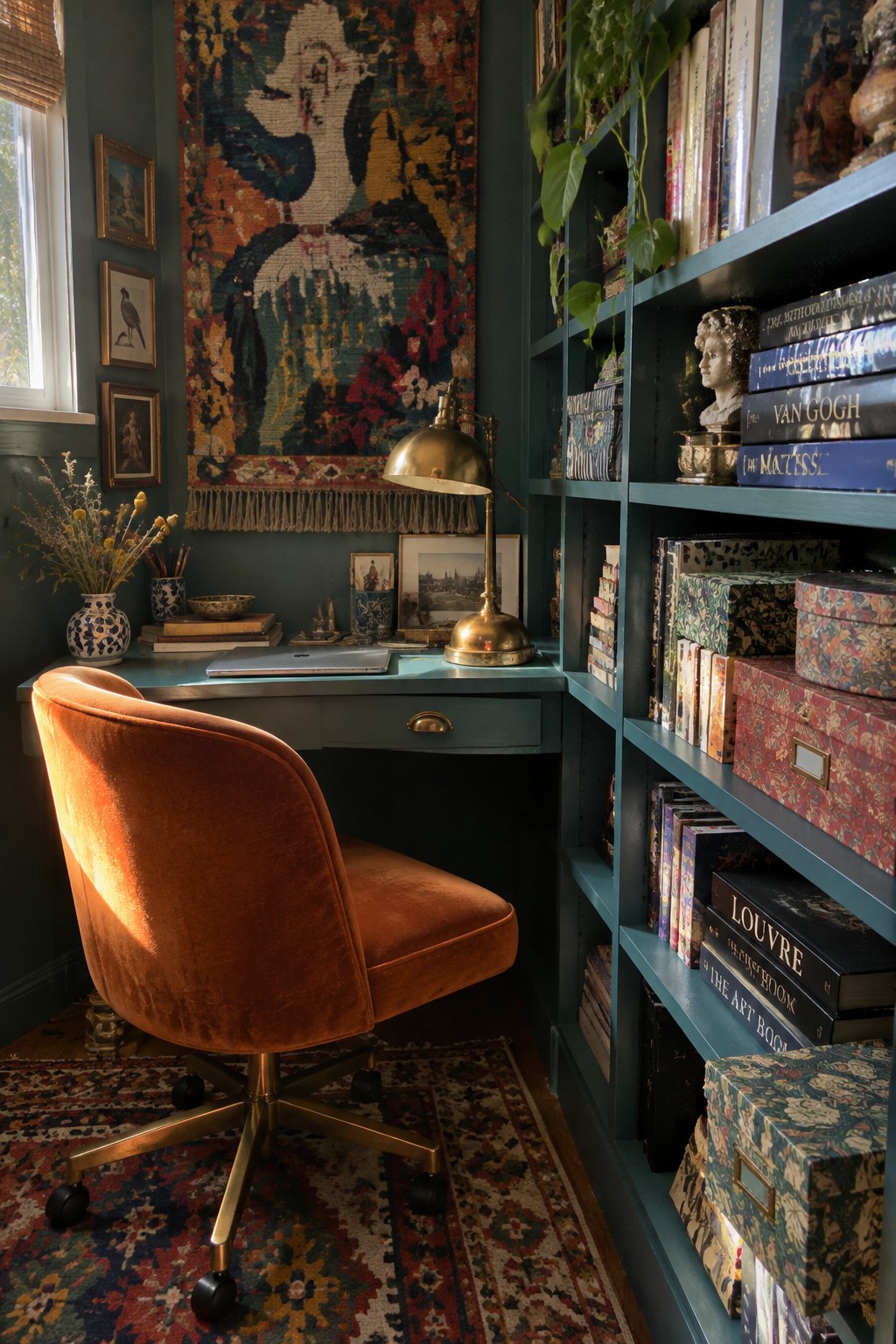 Cozy teal desk with orange velvet chair, brass lamp, and art-filled bookshelves.