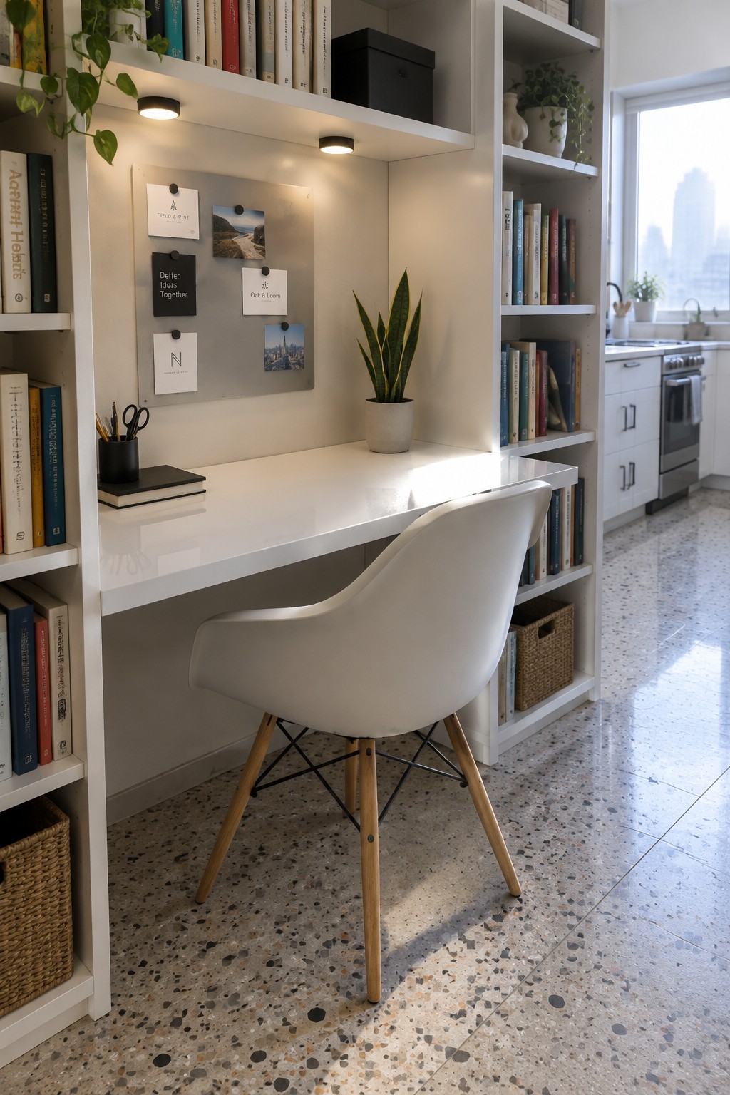 A white built-in desk and shelving unit in a corner with books, a potted snake plant, a magnetic board, and a white molded chair on a terrazzo floor.