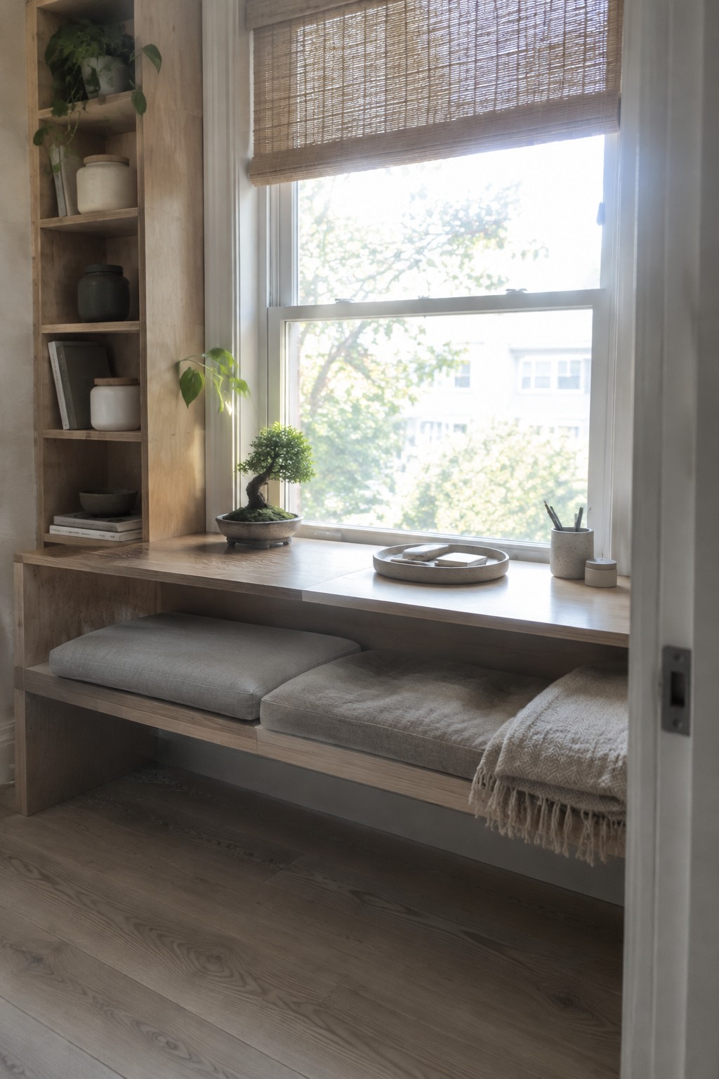 A light wood built-in window bench with gray cushions, open side shelves, and a ledge holding a bonsai and tray, positioned under a window with a woven shade.
