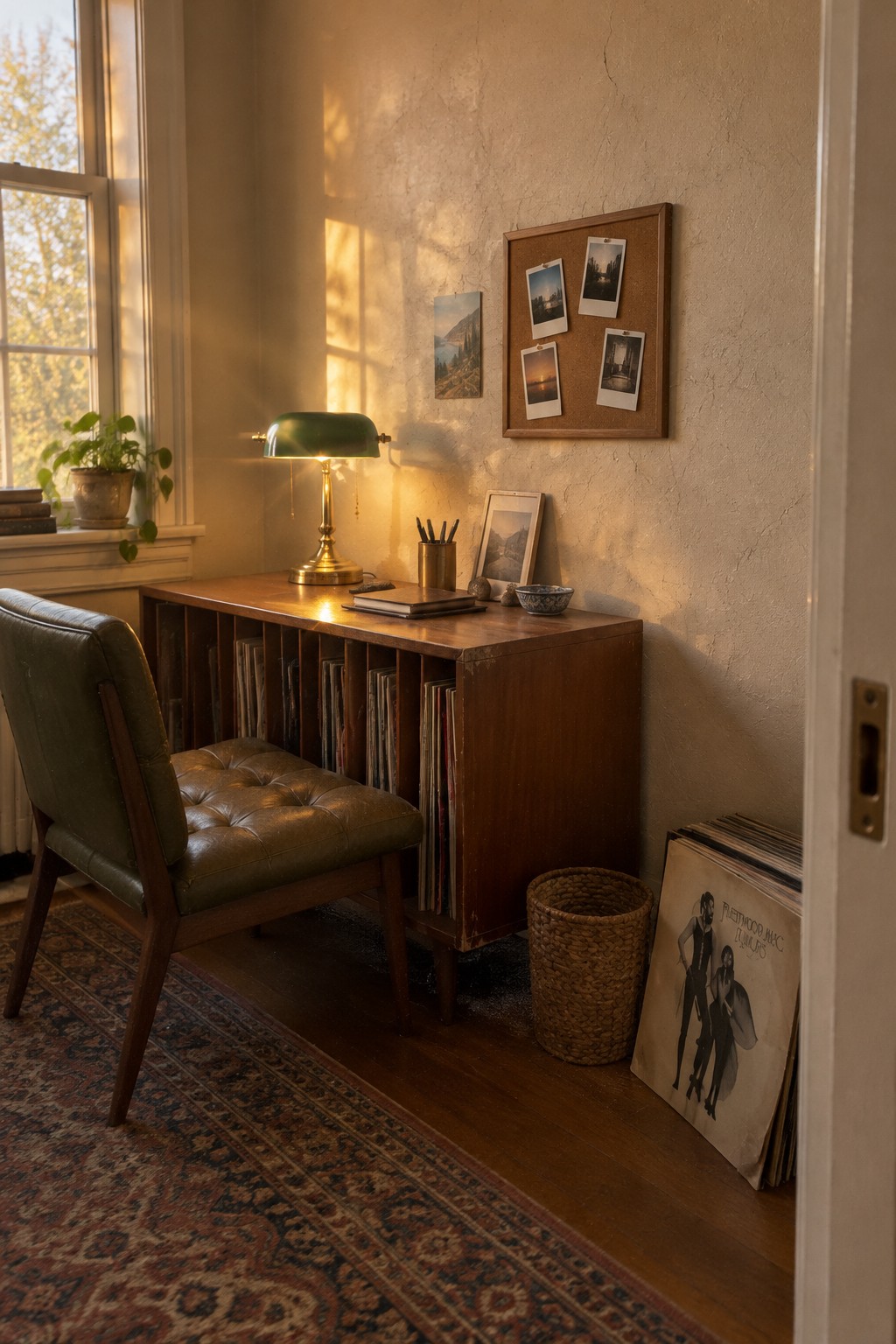 Warm sunlit room with wooden record cabinet, green leather chair, and desk lamp.
