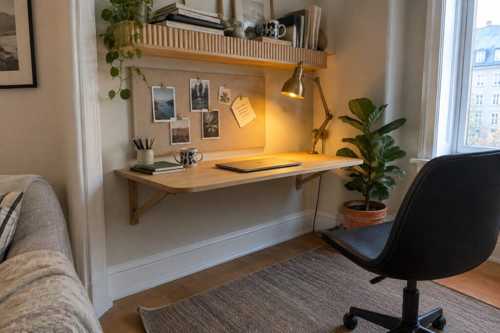A compact home office setup in a room corner featuring a wall-mounted light wood desk with a laptop, a black office chair on a woven rug, a potted fiddle leaf fig plant, and a wooden shelf above holding books and a plant next to a fabric pinboard with photos and notes.