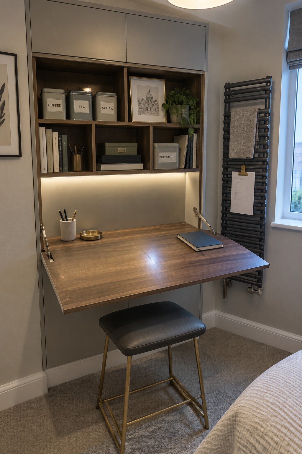 A compact home office features a wooden fold-down desk with a black stool underneath, built-in wooden shelving above holding books, canisters, and framed items, plus a black radiator with a towel and clipboard on the right wall.