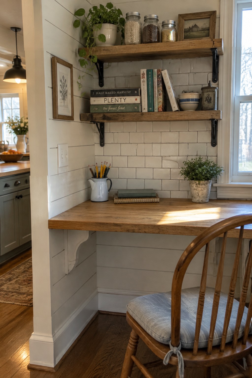 A wooden corner desk with brackets, a spindle-back chair, and open shelves holding books and glass jars above a white subway tile wall.
