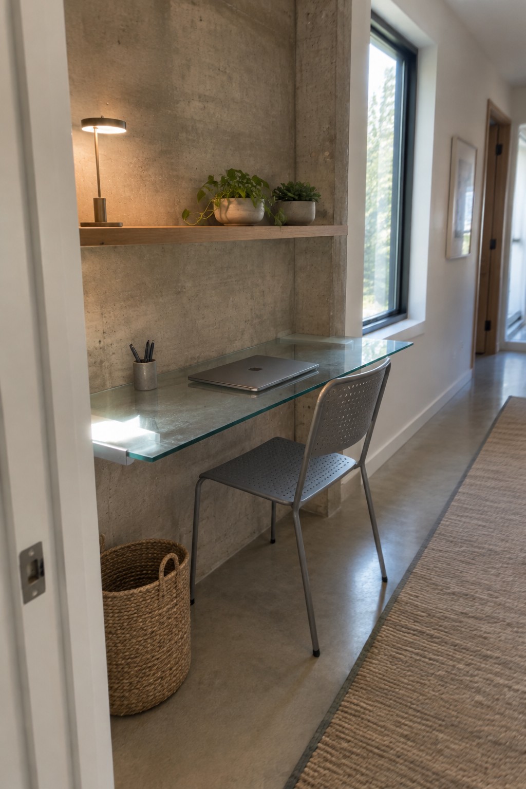 A glass desk mounted on a concrete wall beneath a wooden shelf, with a laptop, desk lamp, potted plants, and a metal chair in a narrow indoor space.