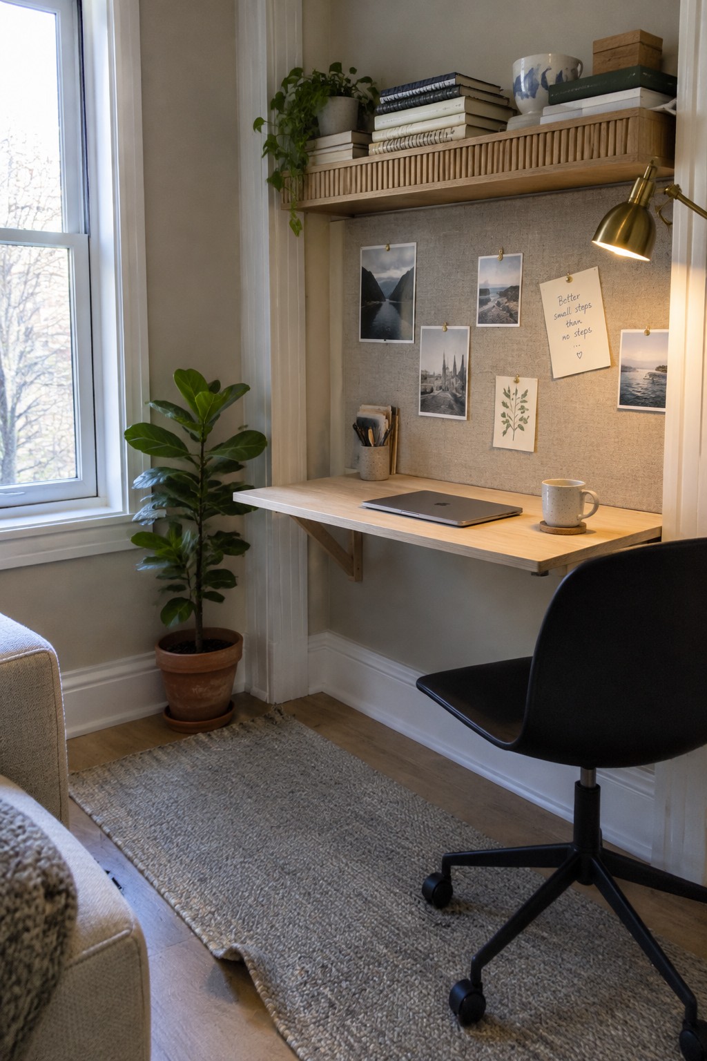 A compact home office setup in a room corner featuring a wall-mounted light wood desk with a laptop, a black office chair on a woven rug, a potted fiddle leaf fig plant, and a wooden shelf above holding books and a plant next to a fabric pinboard with photos and notes.