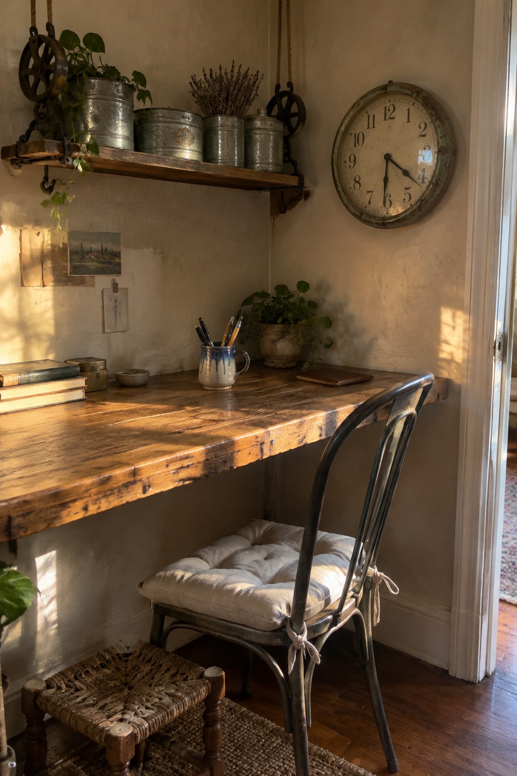 A corner workspace with a rustic wooden plank desk mounted on the wall, a cushioned metal chair tucked underneath, an overhead shelf holding metal containers and dried lavender, and a large round clock on the adjacent wall.