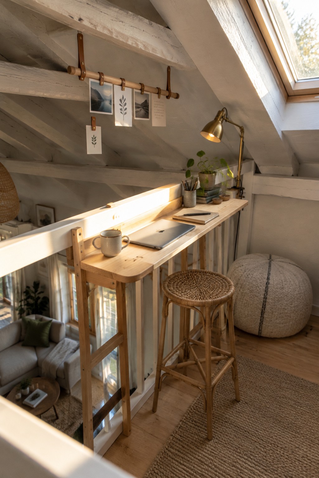 Cozy wooden attic desk with laptop, mug, woven stool under skylight