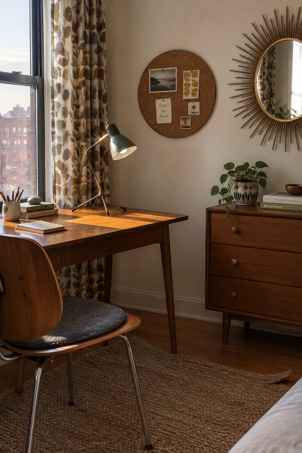 Cozy wooden desk with lit green lamp, chair, corkboard, sunburst mirror, and dresser.