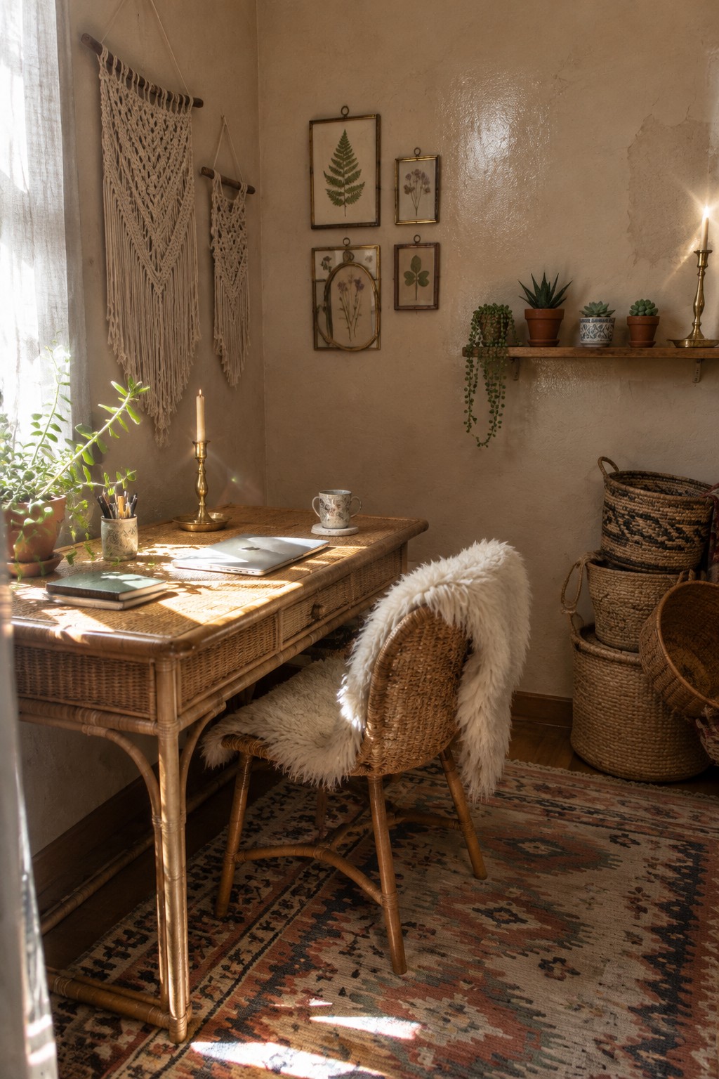 A rattan desk and chair with a sheepskin throw set in a sunlit corner with macrame wall hangings, framed botanicals, and potted plants.
