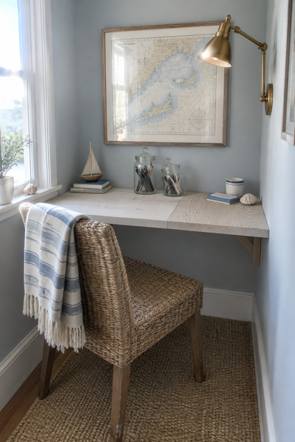 A compact corner workspace with a narrow light wood desk mounted on brackets, a woven chair, and a framed map on a pale blue wall next to a window.