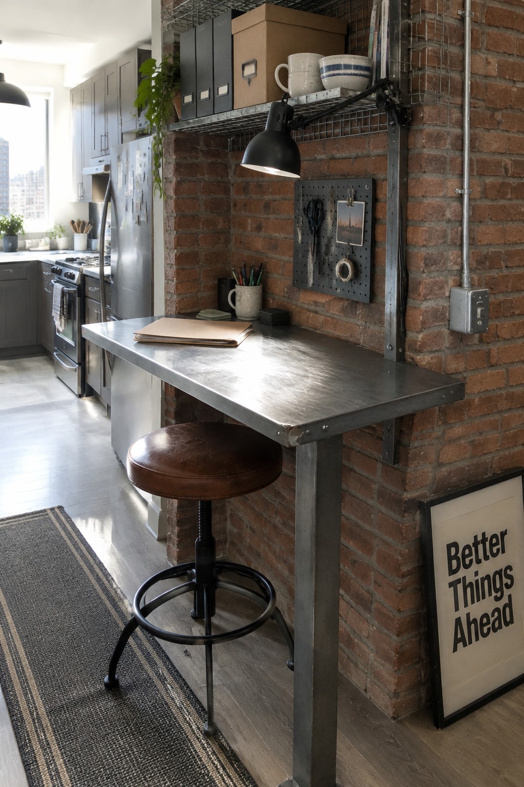 A compact metal desk with a brown stool is mounted against a red brick wall, with a pegboard organizer, overhead wire shelf, and kitchen appliances visible nearby.