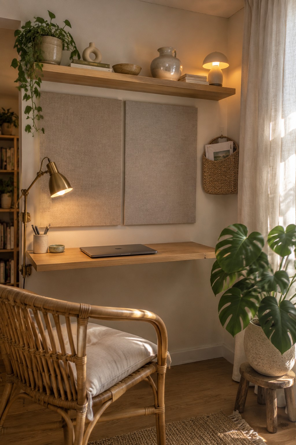 Cozy wooden desk nook with laptop, rattan chair, plants, and warm lighting.
