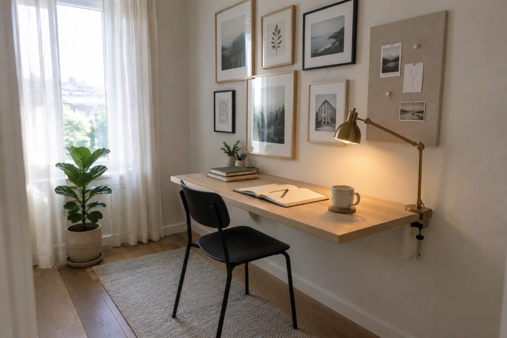 A light wood floating desk with an open notebook, black chair, and gallery wall of assorted framed prints above it, plus a brass clamp lamp attached to a fabric bulletin board on the right.