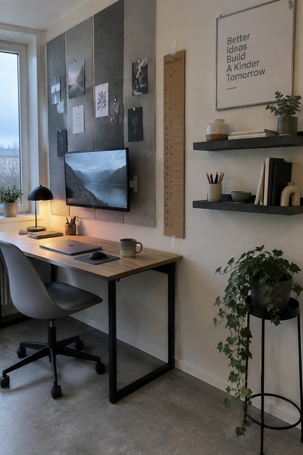 Modern home office with wooden desk, gray chair, wall monitor, calendar, and plant shelves.