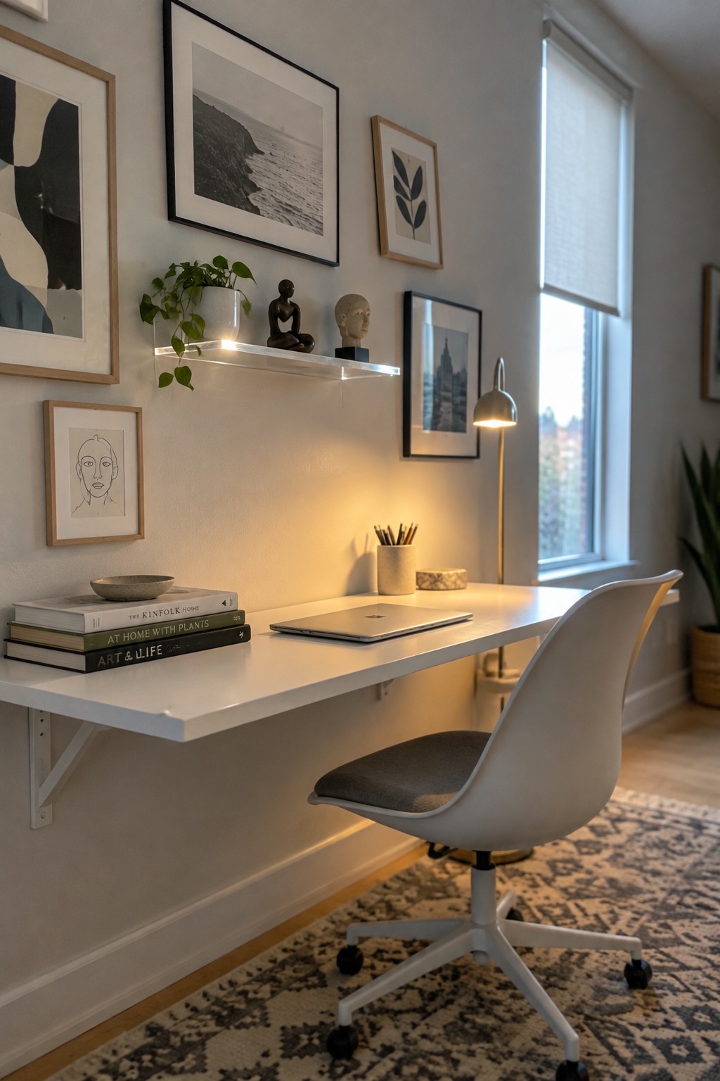 A home office with a white floating desk, white chair on a patterned rug, floating acrylic shelf holding a plant and small sculptures, and multiple framed artworks on the wall beside a window.