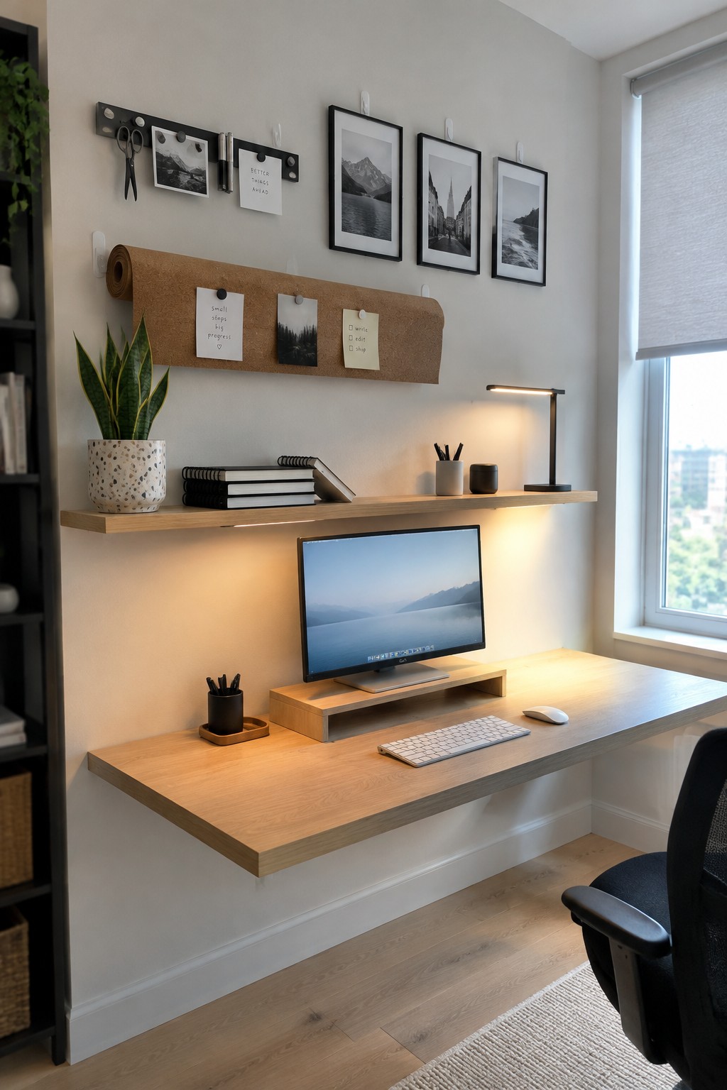 A home office featuring a floating light wood desk with a computer monitor, a wall-mounted shelf above it, a hanging corkboard with pinned notes, and several black and white photos clipped to the wall.