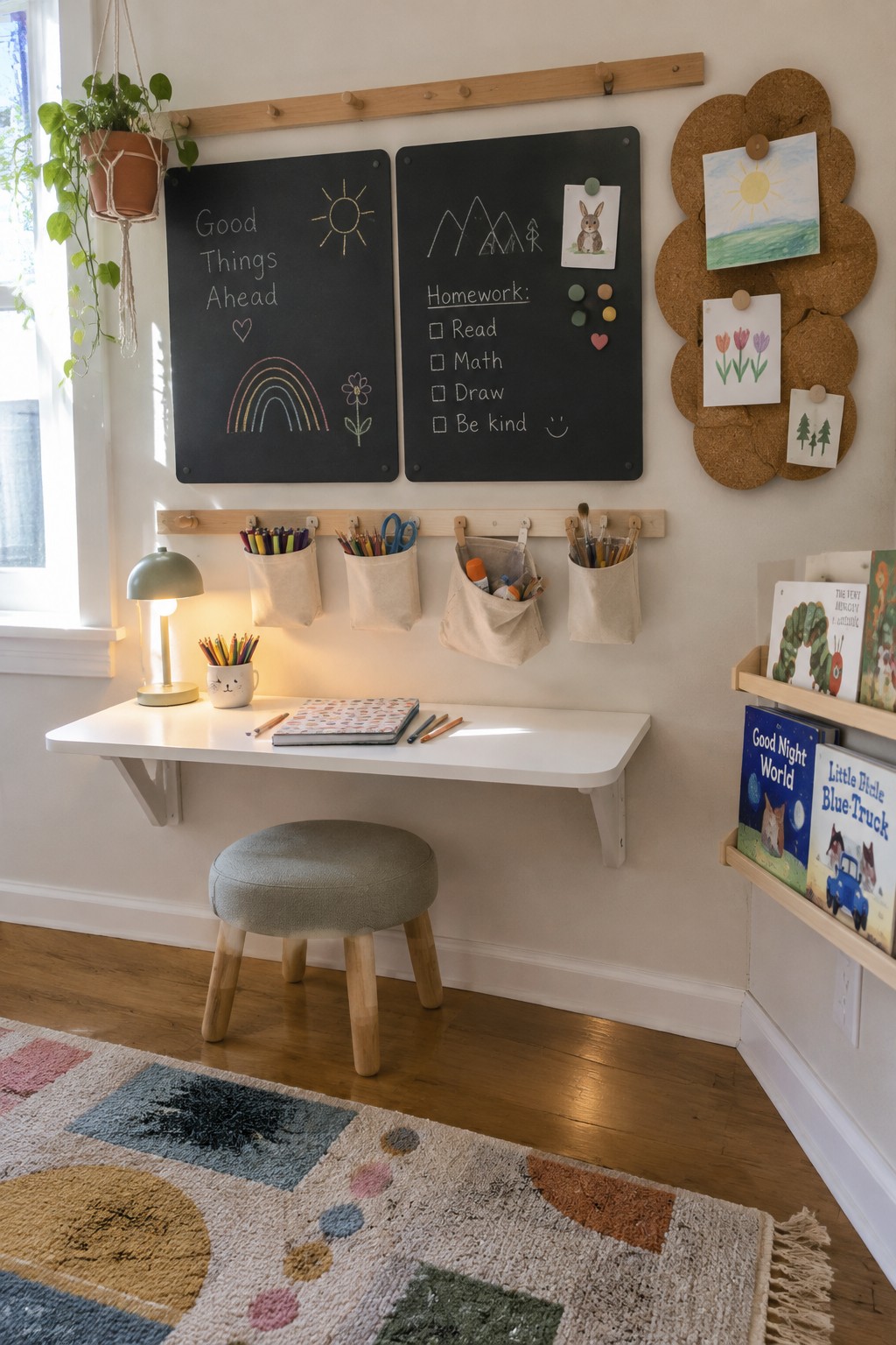 A children's study area with a white floating desk, fabric storage pockets on a wooden wall rail, two chalkboards above, and a corkboard to the side.