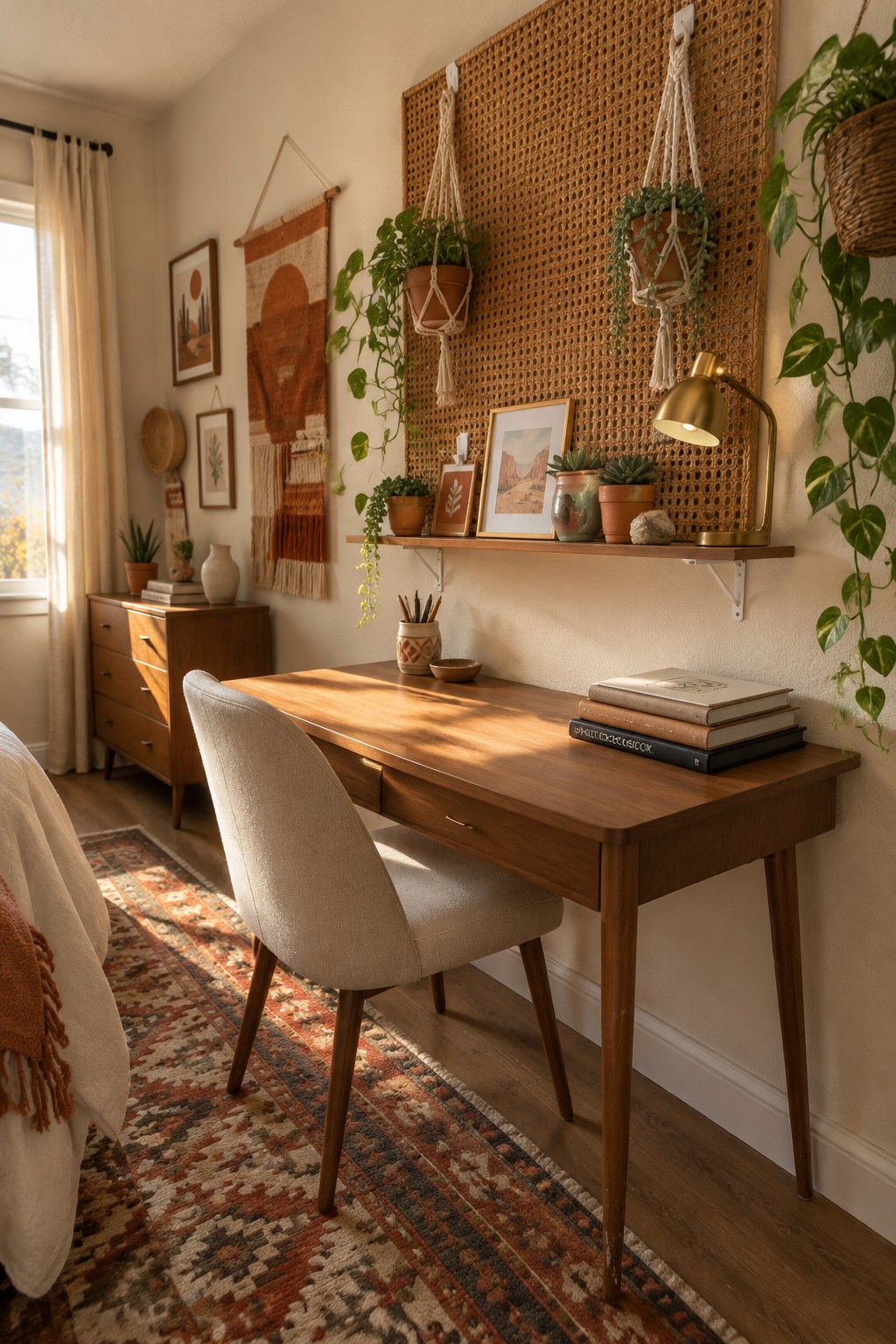 A home office corner showing a wooden desk with a woven rattan panel mounted above it, holding hanging plants and a small shelf with framed art and potted succulents.