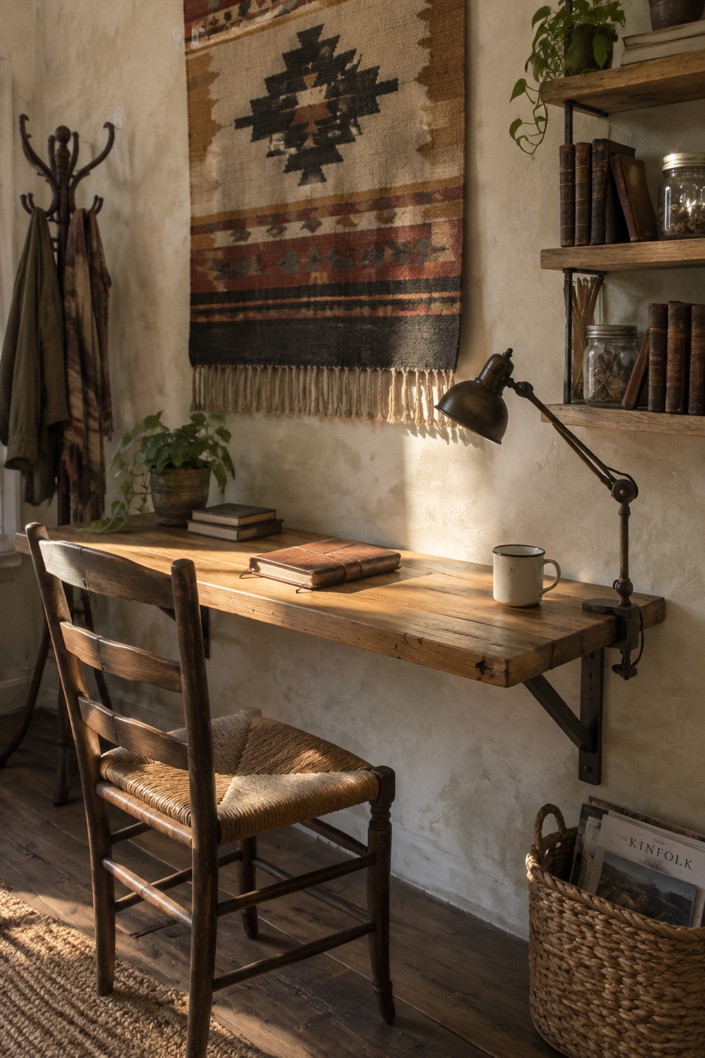 A wooden wall-mounted desk sits below a large patterned woven textile on a textured wall in a home office.