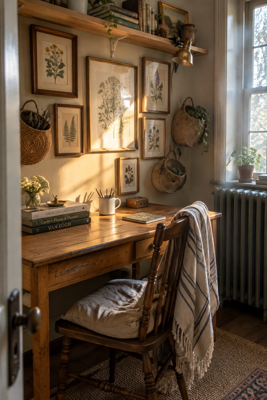 A home office corner showing a wooden desk and chair against a wall covered with multiple framed botanical prints, a wooden shelf, and several hanging woven baskets.